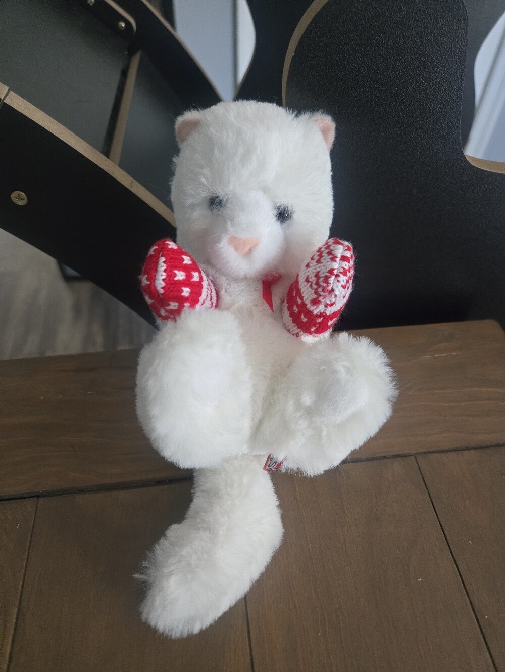 Douglas White Plush Cat with Red Knit Mittens Stuffed Animal